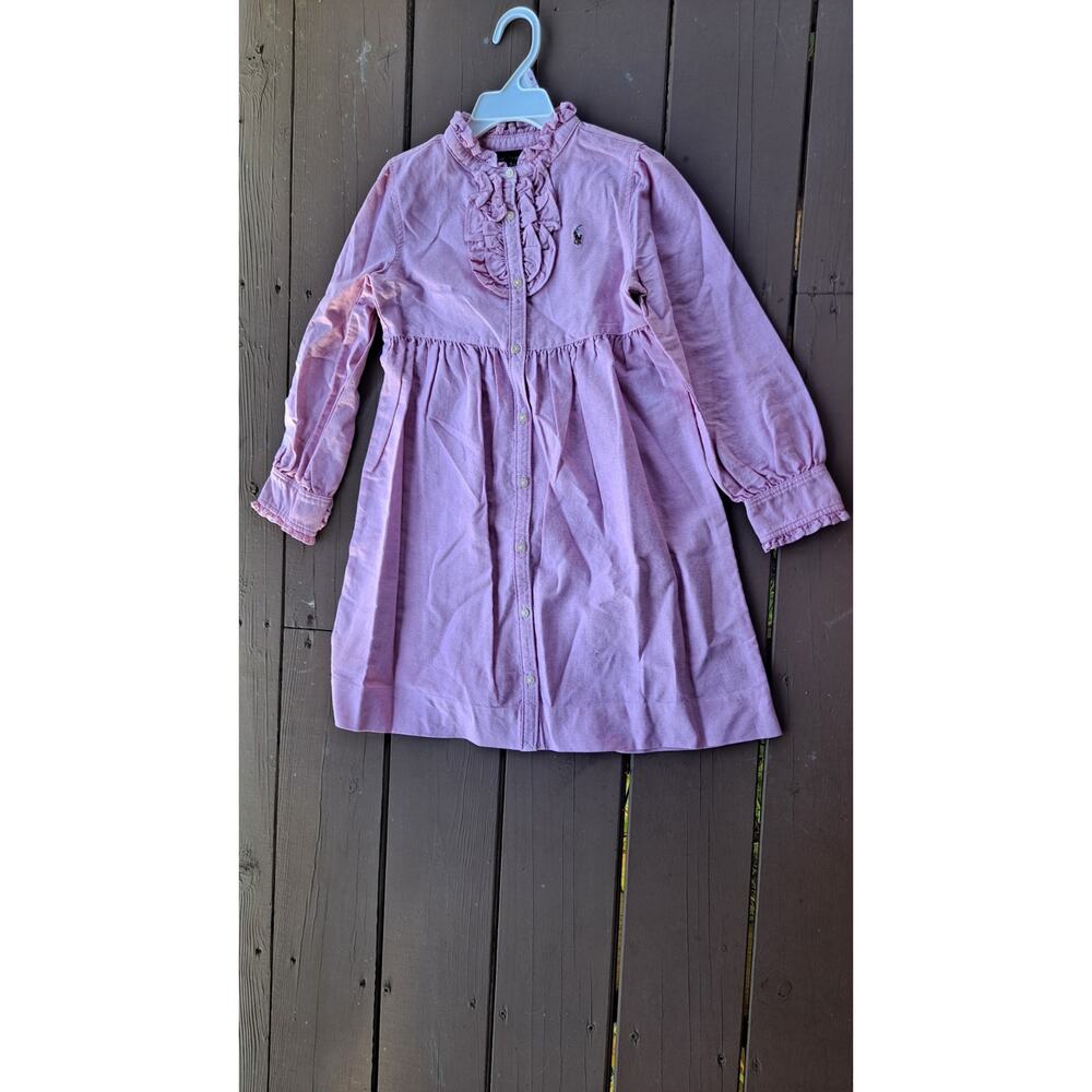 Ralph Lauren Girls Shirt Dress Size 6 Pink Pinstripe Collar Ruffles